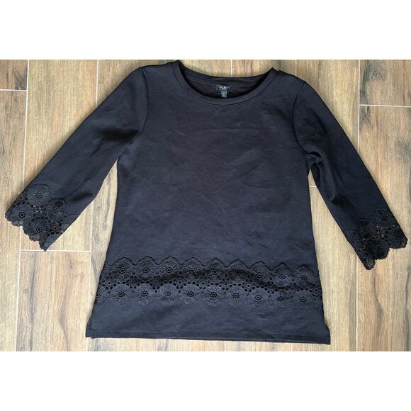 Talbots Petite Small Black Lace Adorned Knit Top - Picture 2 of 8